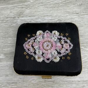 French Floral Beaded Black Taffeta Micro Bead Powder Compact Vintage